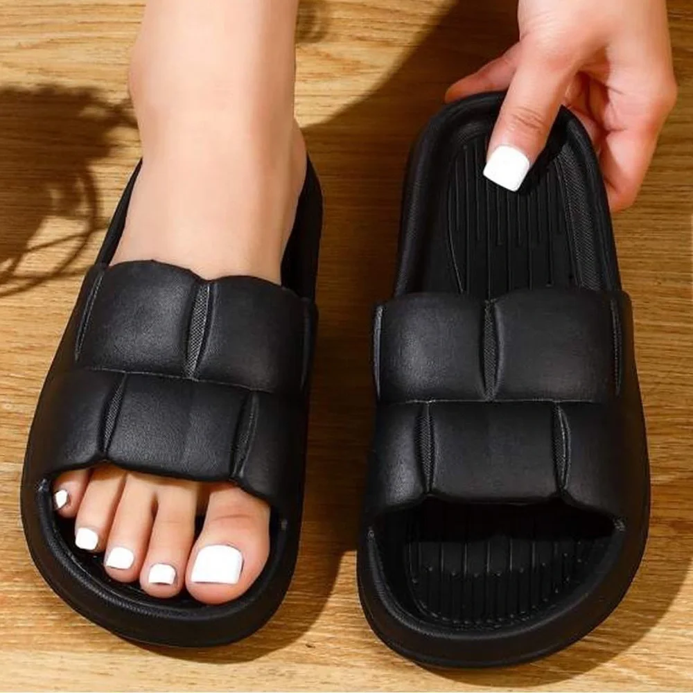 Black Pillow Textured Single Band Slides Pool Shower Platform Shoes